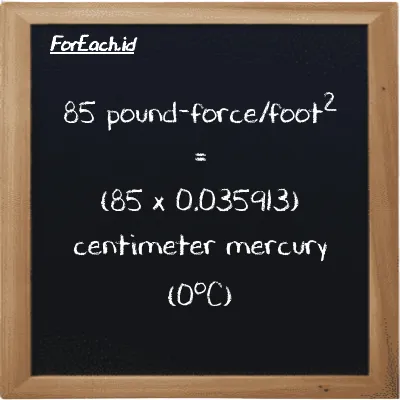 Cara konversi pound-force/kaki<sup>2</sup> ke centimeter raksa (0<sup>o</sup>C) (lbf/ft<sup>2</sup> ke cmHg): 85 pound-force/kaki<sup>2</sup> (lbf/ft<sup>2</sup>) setara dengan 85 dikalikan dengan 0.035913 centimeter raksa (0<sup>o</sup>C) (cmHg)